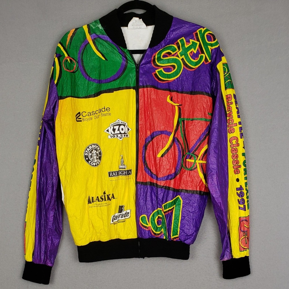 Vintage 90's Seattle To Portland Bicycle Jacket Colorful Cycling Graphn Size M